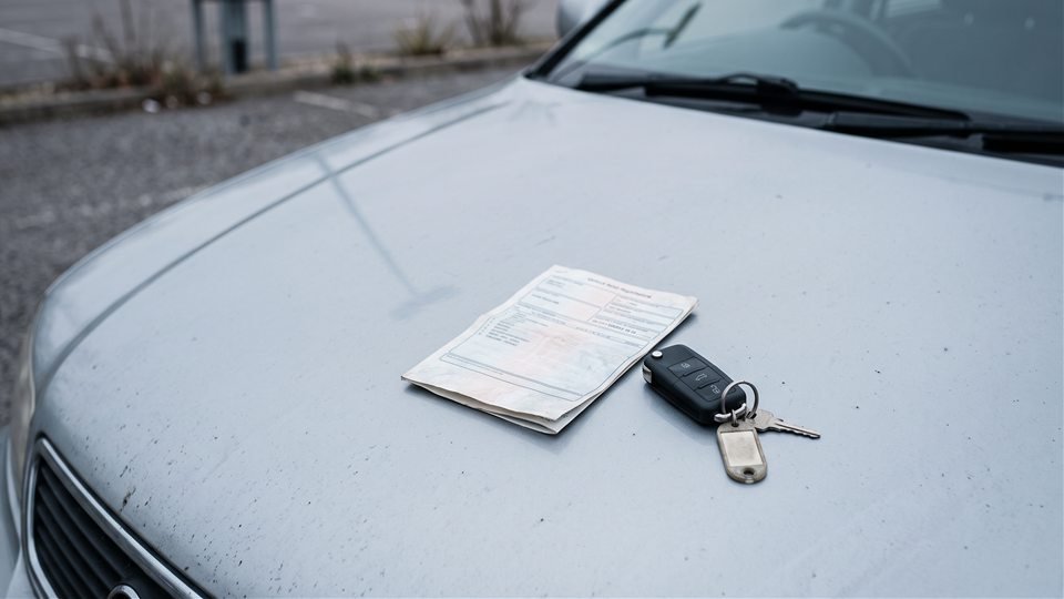 Documento do veículo e chave sobre o capô de um carro usado
